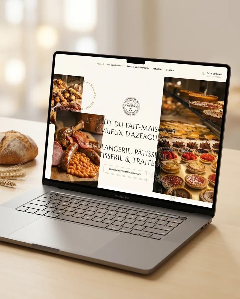 Site web vitrine de la boulangerie L'Artisan Épi'Curien réalisé par DCB, affiché sur un MacBook