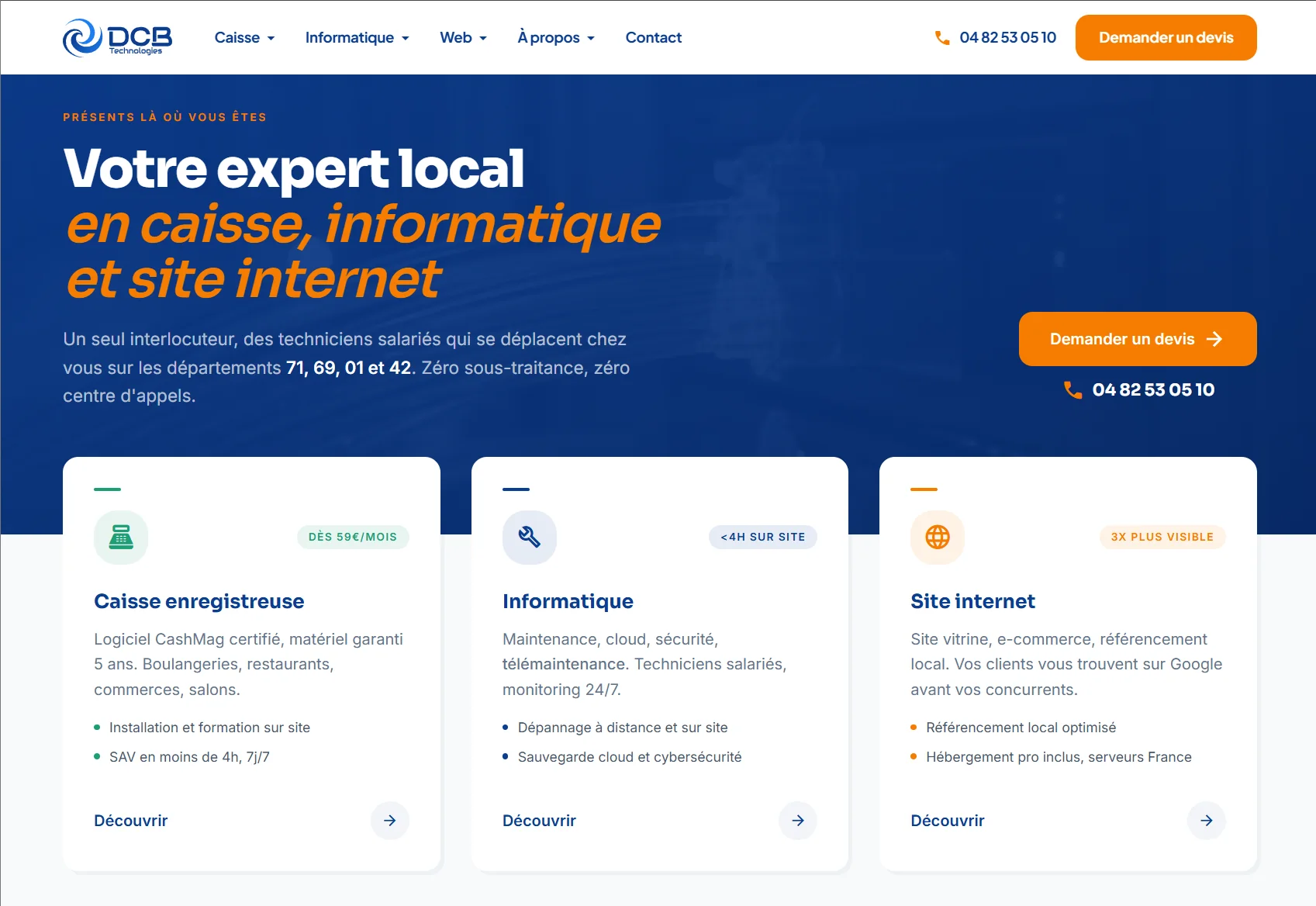 Exemple de site internet créé par DCB Technologies, page d'accueil