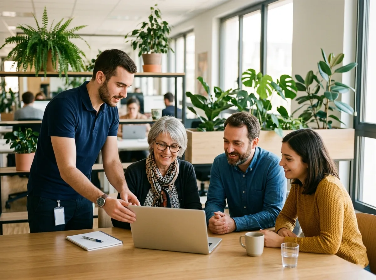 Technicien DCB Technologies présentant une solution informatique à trois clients PME dans un open-space lumineux