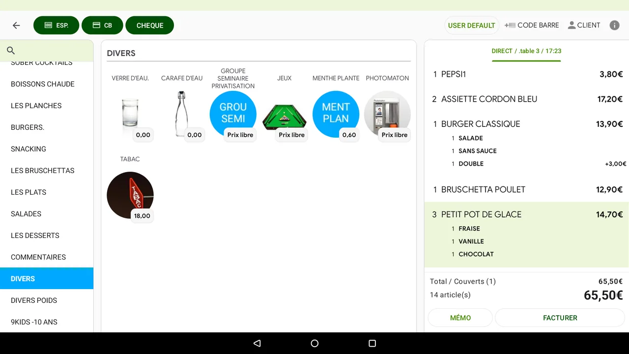 Interface CashMag : écran d'encaissement d'un restaurant