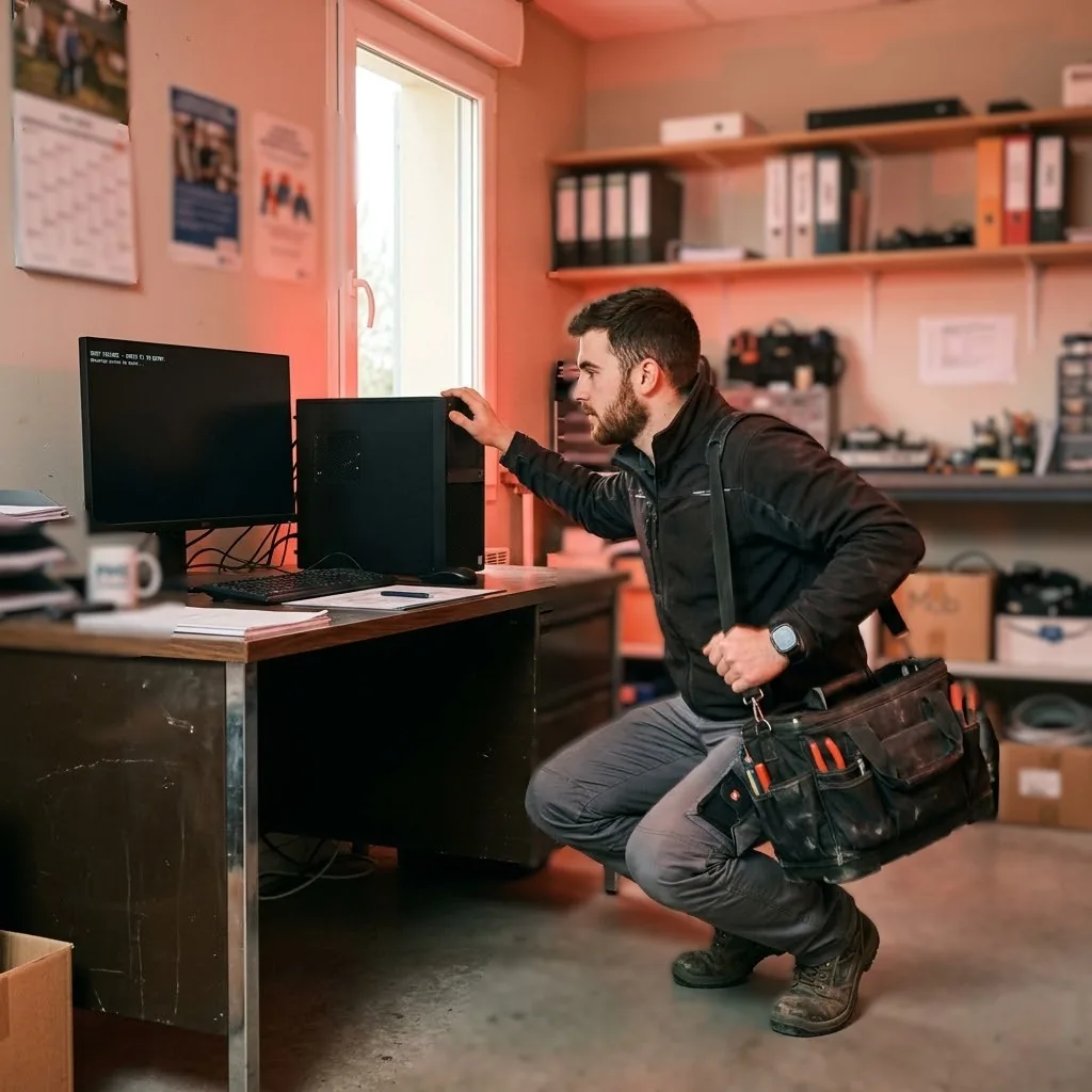 Technicien DCB en intervention de dépannage sur un poste informatique en panne