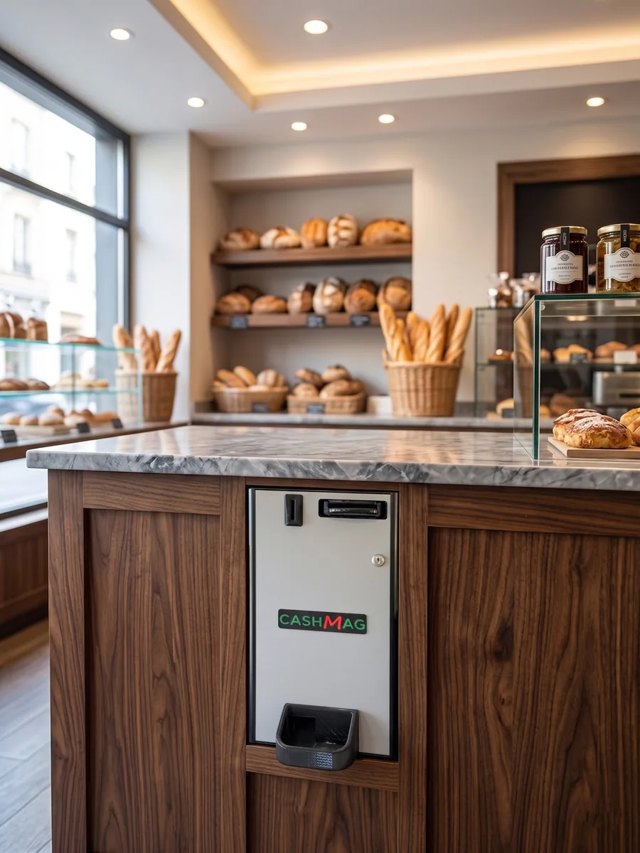 Monnayeur automatique CashMag encastré dans le comptoir d'une boulangerie