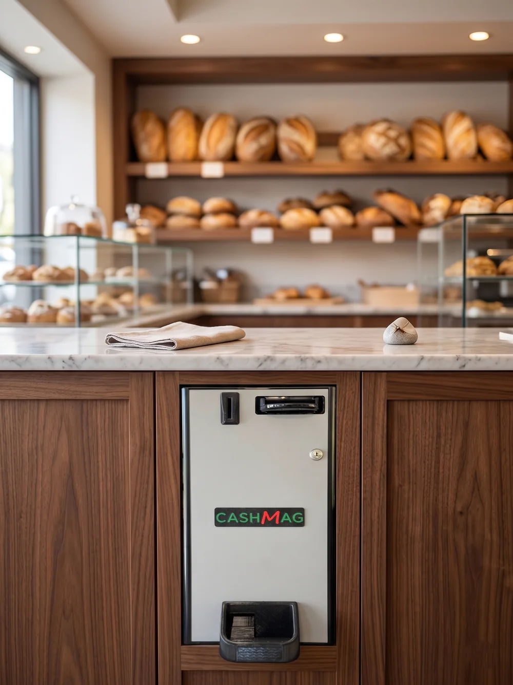 Monnayeur automatique CashMag encastré dans le comptoir d'une boulangerie