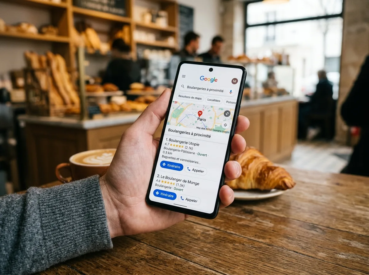 Recherche Google d'un commerce local avec résultats de proximité (Local Pack) sur smartphone